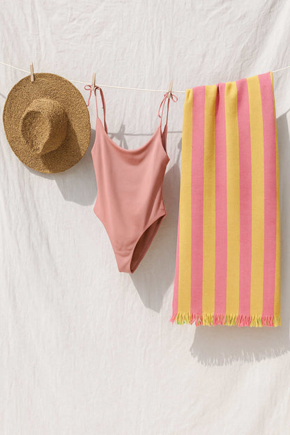 fouta jaune rose coton rayee