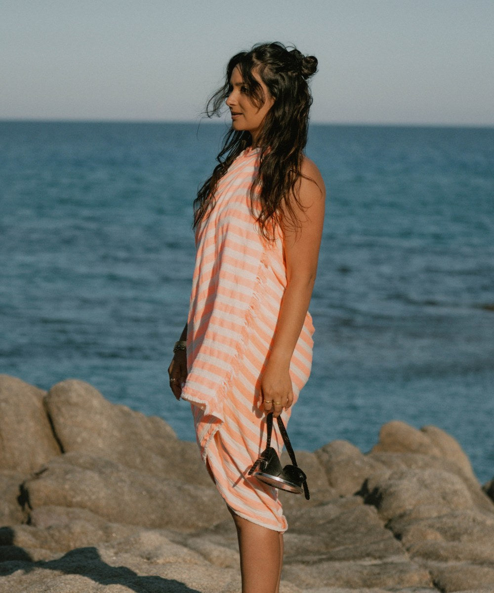fouta rayee orange blanc coton